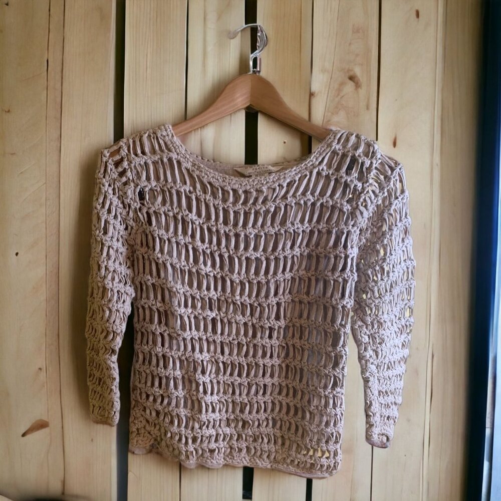 John Paul Richard Womens Sweater Petite Medium Beige Fisherman Mesh Open Knit